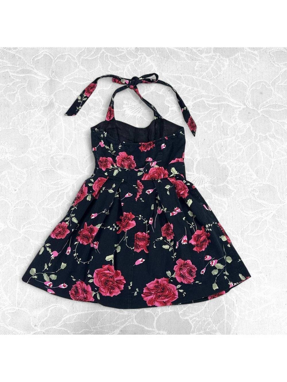 Vintage Forever 21 Black Halter Neck Floral Dress with Pink Roses - Small